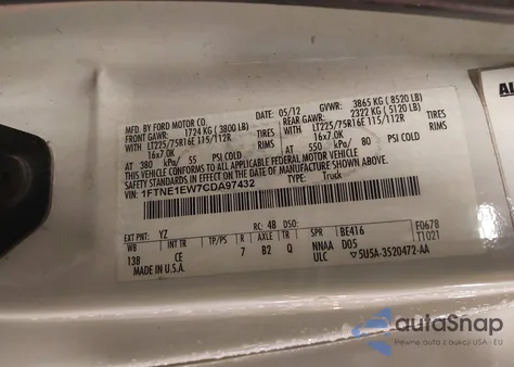 2012 Ford E-150 Commercial z USA, uszkodzony, nr VIN 1FTNE1EW7CDA97432